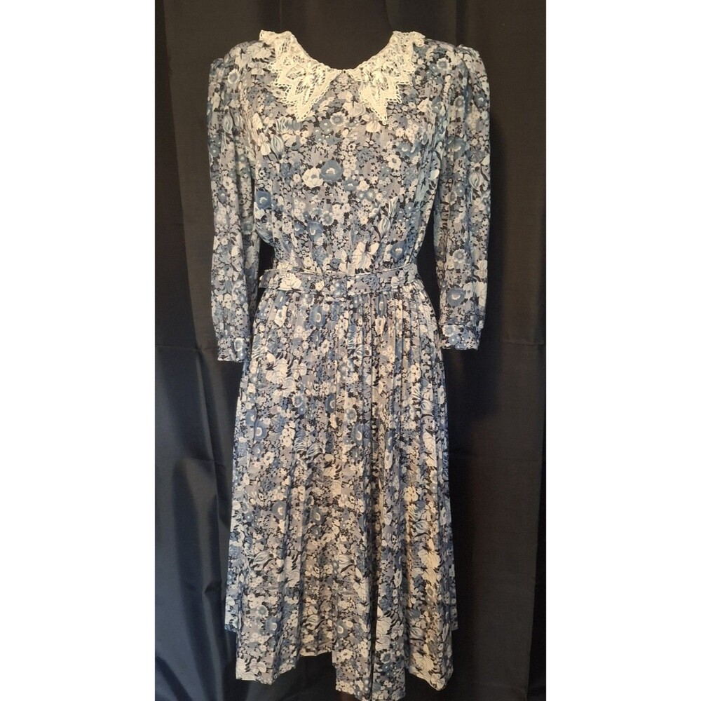 Vtg 80s Blue Floral Midi Dress Lace collar belted  Cottagecore Prairie Sz 12